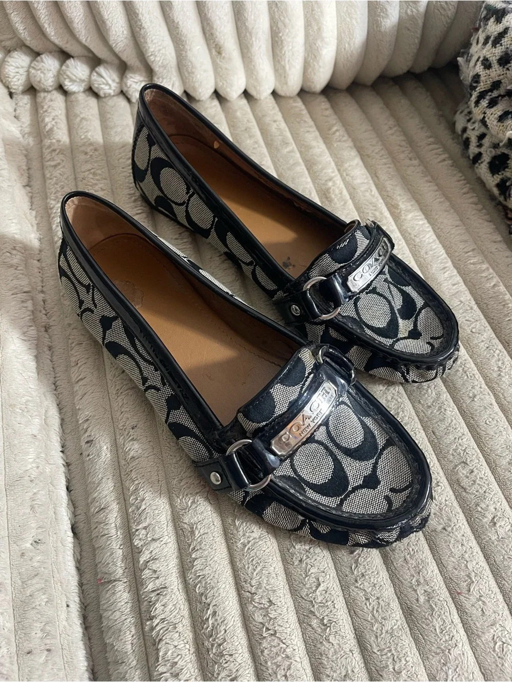 Coach Black and Gray Signature Logo Loafers with Silver Plaque